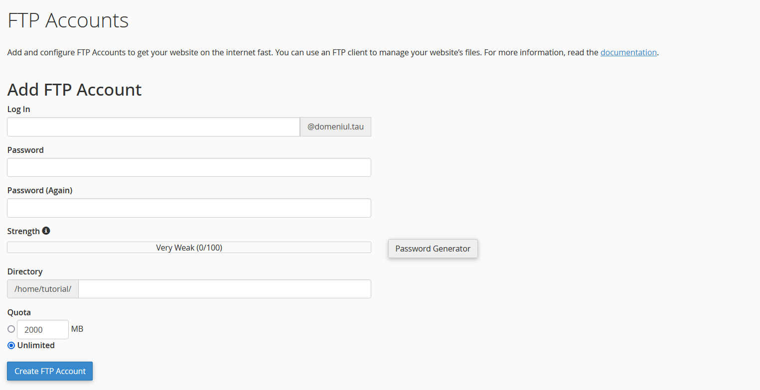 Creare cont FTP în cPanel